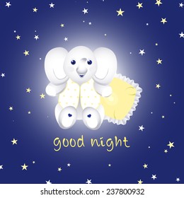 Elephant toy with pillow over white background night sky