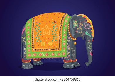 Elephant, Traditional Indian Decorated Festival Elephant in Blue Background