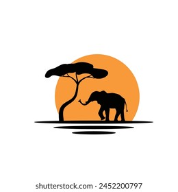 Elephant and Tree in Savannah Sunlight Icon. Nature and wildlife concept vector