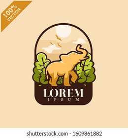  Elephant with tree and sky background safari logo vector