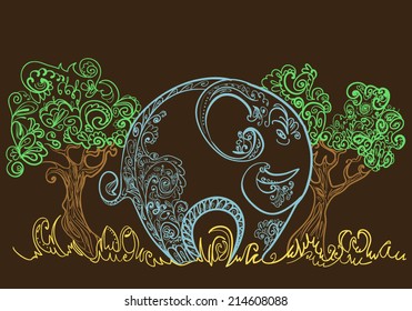 Elephant with trees of patterns. Hand drawn vector illustration