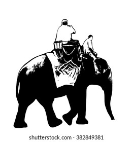Elephant trekking traveler ride elephant, elephant driver, black silhouette on white background. Vector