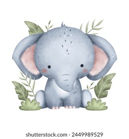 Elephant and Tropical Leaves Illustration