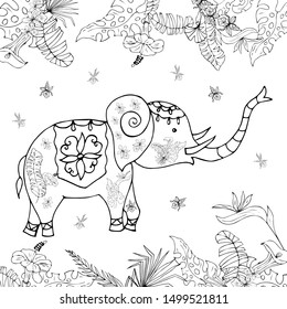 Elephant in tropical plants. Coloring book Vector illustration.