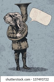 Elephant trumpet, speech bubble and grunge scratched background. vector illustration.