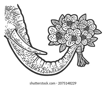 elephant trunk with flowers sketch engraving vector illustration. T-shirt apparel print design. Scratch board imitation. Black and white hand drawn image.