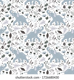 Elephant with Trunk and Tusks Among Foliage Vector Seamless Pattern. Jungle Flora and Fauna Design for Wallpapers