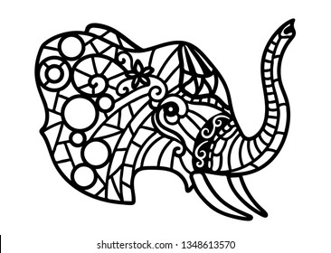 Elephant with trunk up. Black and white elephant head with ornaments in mandala, zentangle style.