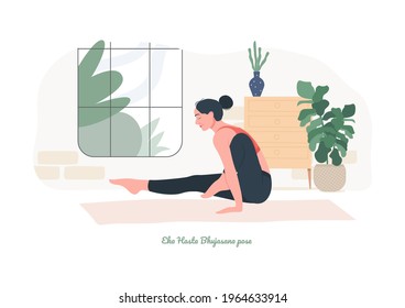 pose de yoga en el maletero elefante. Joven practicando yoga. Las mujeres entrenan en gimnasia, aeróbic y ejercicios. Ilustración vectorial.
