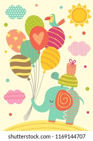 elephant, turtle and parrot with balloons - vector illustration, eps