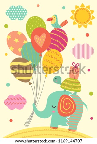 elephant, turtle and parrot with balloons - vector illustration, eps