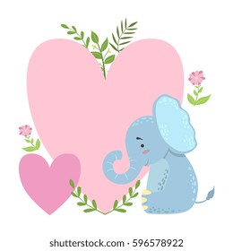 Elephant With Two Big Hearts And Plants Vector Sticker, Template St. Valentines Day Message Element Missing Text With Cute Animal Character