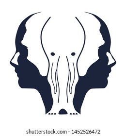 An elephant or two face profile view. Optical illusion. Human head make silhouette of animal