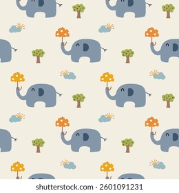 Elephant and umbrella cartoon so cute. On tree cloud sun background. Pattern seamless vector illustration. 