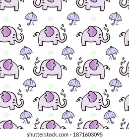 Elephant and umbrella cute seamless pattern set drawing vector.