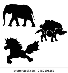 elephant, unicorn, fox silhouette vector