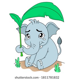 the elephant is using banana leaves as an umbrella. vector illustration cartoon character