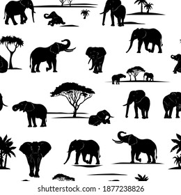 elephant in various poses and situations, pattern, drawing, figures, vector, images, poses, black, white, silhouette