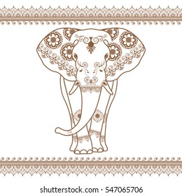 Elephant vector with border brown elements in ethnic mehndi style. Frontal henna elephant's illustration isolated on white background