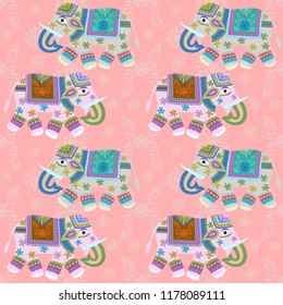 Elephant vector design on vintage color seamless pattern.