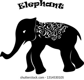 Elephant. Vector graphics. Elephant with an ornament on the back. The background is white, which can be changed. Pattern for t-shirts or fabric. Great for children's sites or tourism.