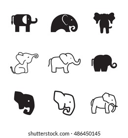 Elephant vector icons. Simple illustration set of 9 elephant elements, editable icons, can be used in logo, UI and web design