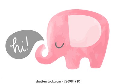 Elephant vector illustration with speech bubble saying hi. Cute hand drawn baby illustration.