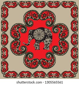 Elephant vector poster with indian tribal patterns and ornament frame 