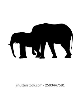 Elephant Vector Silhouette. Elephant icon. Silhouette of African and Indian elephants with baby elephant. Animal Family. Isolated. Vector illustration