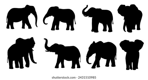 Elephant vector silhouette set isolated on white background. African animals