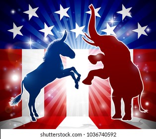 An elephant versus a donkey in silhouette with the American flag in the background democrat and republican political mascot animals