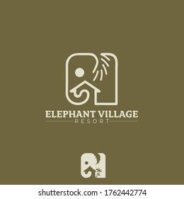 Elephant Village Vektorsymbol, die einfache moderne Elefantenform kombiniert mit Hausform und Palm 