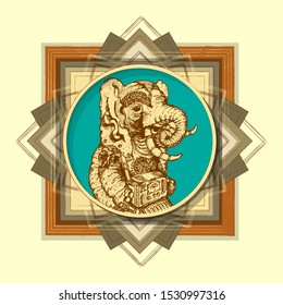 Elephant with a vintage device. Sketch image of an elephant in the original frame. Conceptual print. Vector illustration