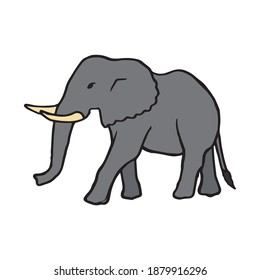 Ilustración de color dibujada a mano por elefantes. Mamífero adulto grande con colmillos de pie de lápiz dibujando el símbolo de la silueta. Un gran safari animal de forma animal posando para los turistas en un símbolo de perfil natural con contorno.