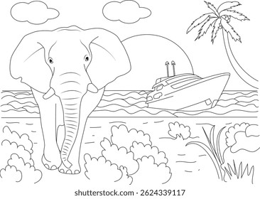 Página de colorir de Elephant Walking on the Beach, ilustração de um elefante caminhando ao longo de uma praia tropical com uma palmeira, barco e pôr do sol ao fundo. Arte com linhas em preto e branco