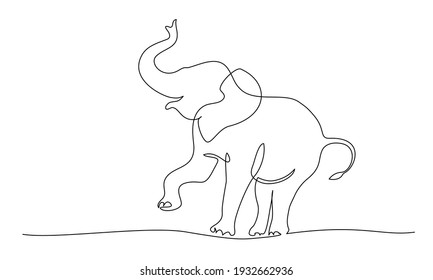 Elephant walking and playing silhouette. Continuous one line drawing. Hand drawn minimalism style Vector illustration