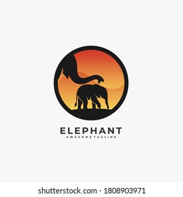 Elephant Walking With Sunset Illustration Vector Logo.