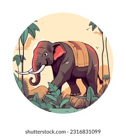 Elephant walking in tropical forest, cute mascot icon isolated