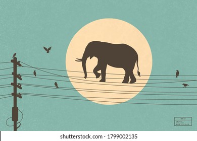 Elephant walks on power line. Isolated silhouette of big animal and birds on electrical wires. Yellow sun on blue texture background. Abstract vector illustration for use in polygraphy, textile, decor