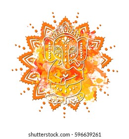 Elephant watercolor. Ganesha.Frame of animal made in vector. Use for children clothes, poster. Holi 