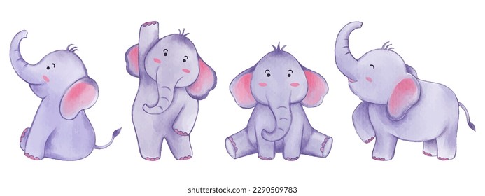 Elephant . Watercolor paint design . Set of cute animal cartoon character . Vector .