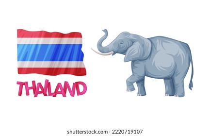 Elephant and Waving Flag as Thailand Symbol and Famous Object Vector Set