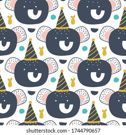 Elephant wearing  birthday hat with confetti hand drawn seamless vector fill. Cute childish drawing. Baby wrapping paper, textile, vector illustration 