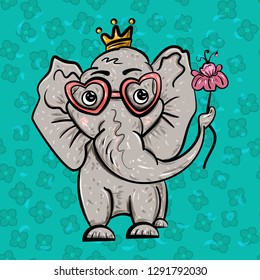 An elephant wearing a crown and eye glasses holds a flower in its trunk for Valentine's Day. Illustration in cartoon style on a green background with flower