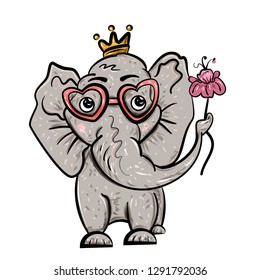 An elephant wearing a crown and eye glasses holds a flower in its trunk for Valentine's Day. Illustration in cartoon style