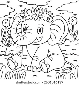 Elephant Wearing Flower Crown Coloring Page 
