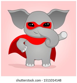 an elephant wearing a red mask and a red cape with superhero logo on its chest. Cute character design of superhero animals