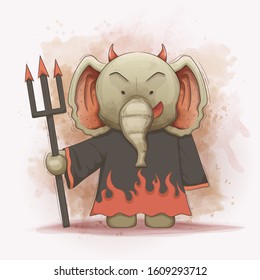 The elephant wears an evil robe devil costume 