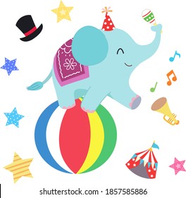 The elephant wears a pointed hat and stands on the original ball.