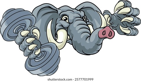 An elephant weight lifting gym animal sports mascot holding a dumbbell in its claw